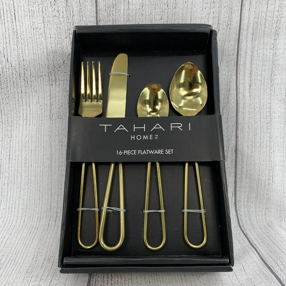 Tahari Home Flatware Set Service for 4 Gold Modern Open Loop Handle 16-Piece